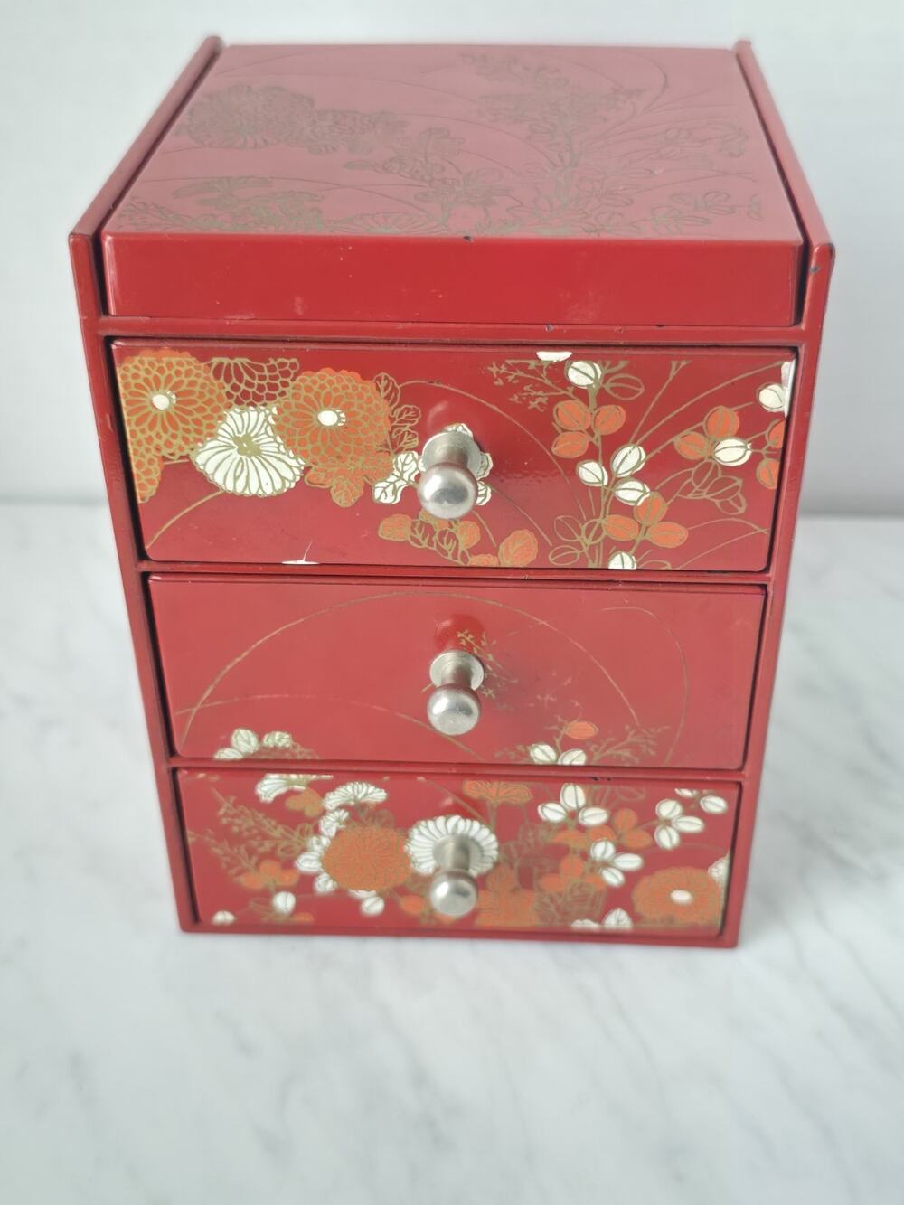 Vintage Red Lacquer 3-Drawer Jewelly Box With Floral Chiyogami Pattern